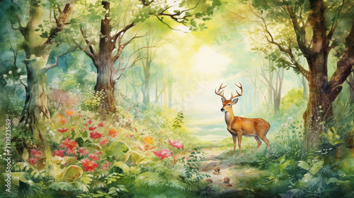 Enchanted Watercolor Forest with Wildlife, Mystical forest filled with various wildlife painted in watercolors, Perfect for children's book illustrations or nature-themed educational, AI Generated