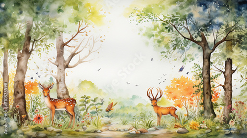 Enchanted Watercolor Forest with Wildlife, Mystical forest filled with various wildlife painted in watercolors, Perfect for children's book illustrations or nature-themed educational, AI Generated photo