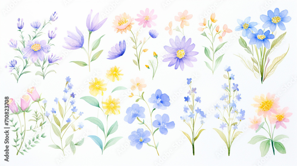 Flowers and violets and lavender, Cartoon drawing, Water color style, AI Generated