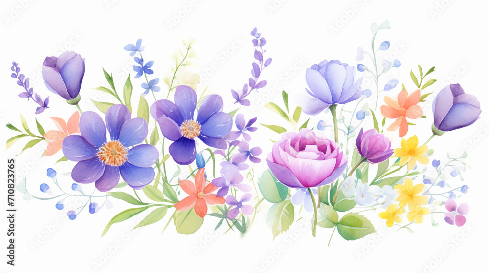 Flowers and violets and lavender, Cartoon drawing, Water color style, AI Generated