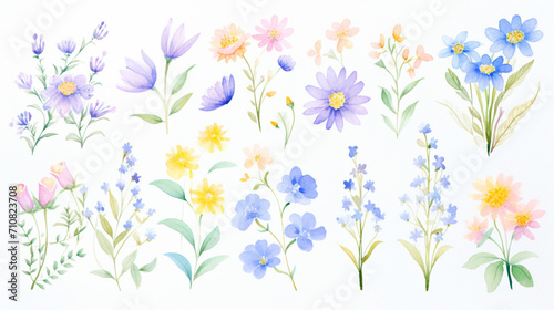 Flowers and violets and lavender  Cartoon drawing  Water color style  AI Generated