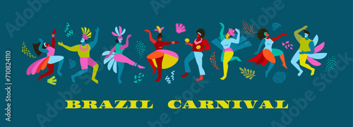 Vector banner with funny dancing men and women in bright costumes. Brazil carnival. Design elements for carnival concept and other