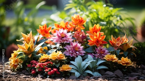  a close up of a bunch of flowers in a planter filled with rocks and gravel with plants in the background.