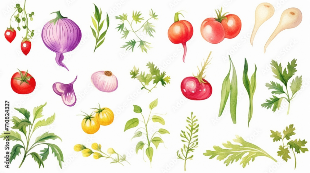 Herbs and vegetables, Cartoon drawing, Water color style, AI Generated Herbs and vegetables, Cartoon drawing, Water color style, AI Generated