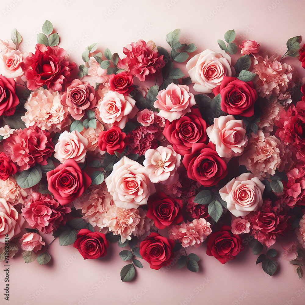 A lovely assortment of red and pink blossoms on a pink backdrop