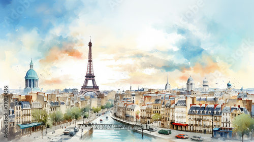 Historic Watercolor Cityscape with Landmarks, Watercolor painting of historic cityscape featuring famous landmarks, Ideal for travel guides, AI Generated
