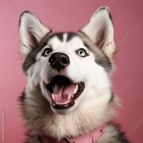 Charming funny alaskan sled dog sitting floor breathing tongue out empty space isolated pink color background Generative AI