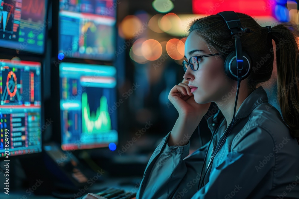 IT specialist in a monitoring control room, wearing headphones and talking on a call while immersed in computer work. IT specialist in a monitoring control room, wearing headphones and talking on a call while immersed in computer work.