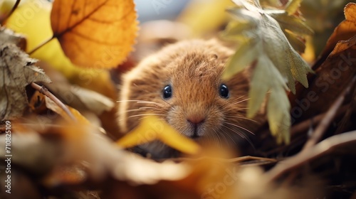  a close up of a small rodent in a pile of leaves with a blue eyed look on its face.