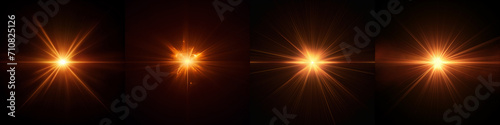 Dynamic orange Celestial Explosion set. Black Background with Glowing golden orange Sunburst, Digital Lens Flare, and Color-Adjusted Light Rays