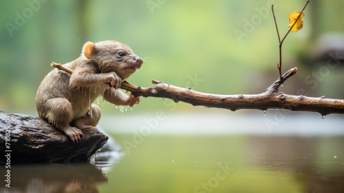  a small animal sitting on top of a tree branch next to a body of water with a stick in it's mouth.