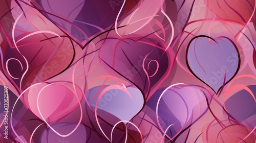  a bunch of purple hearts that are on a pink and purple background with swirls of pink and purple in the shape of hearts.