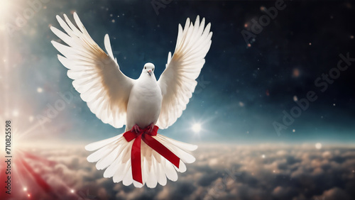 Pace e Speranza- Colombe Bianca con Nastro Rosso Vola sopra la Terra photo