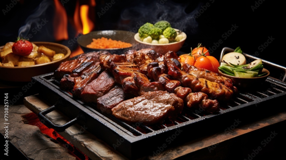  a grill topped with meat and vegetables next to a bowl of broccoli and a bowl of carrots.