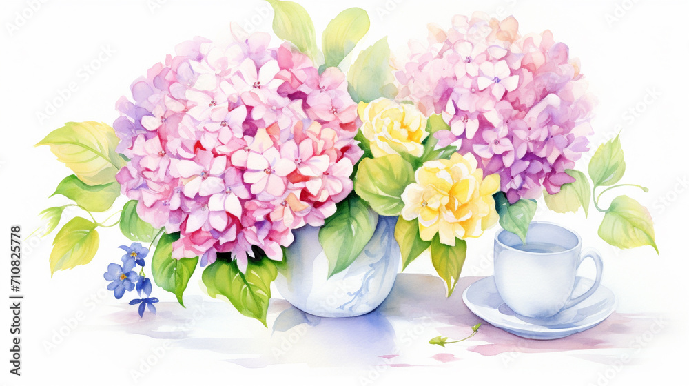 Hydrangeas and coffee and peonies, Cartoon drawing, Water color style, AI Generated