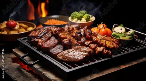  a grill topped with meat and vegetables next to a bowl of broccoli and a bowl of carrots.