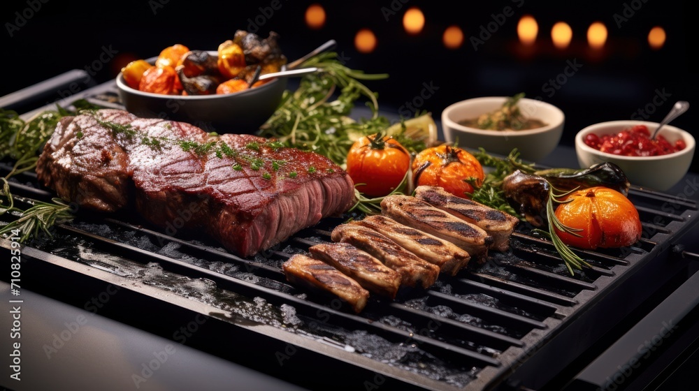  a grill topped with meat and vegetables next to a bowl of fruit and a bowl of dipping sauce on top of it.