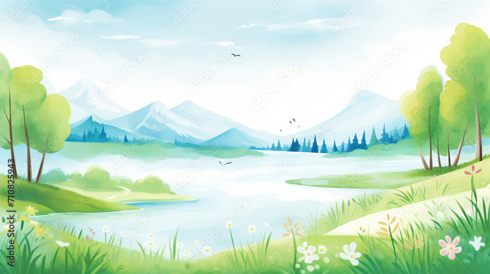Landscape, Cartoon drawing, Water color style, AI Generated