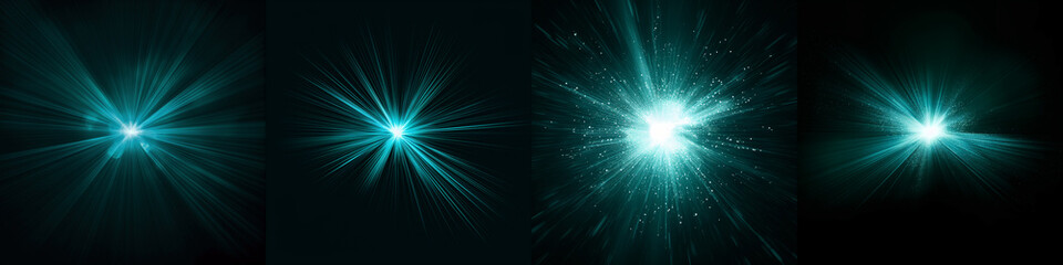 Dynamic teal colored Celestial Explosion set. Black Background with Glowing greenish teal Sunburst, Digital Lens Flare, and Color-Adjusted Light Rays