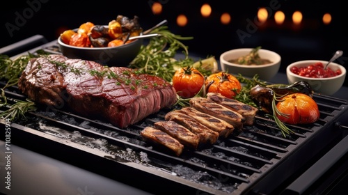  a grill topped with meat and vegetables next to a bowl of fruit and a bowl of dipping sauce on top of it.
