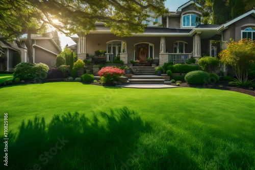 Beautiful front view of the house in the garden. © sarmad