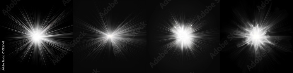 Dynamic white Celestial Explosion set. Black Background with Glowing silver Sunburst, Digital Lens Flare, and Color-Adjusted Light Rays