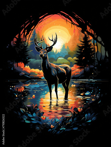 t-shirt design   deer  swims in the waters outside the cottage on the lake  in the style of graphic design-inspired illustrations created with Generative Ai