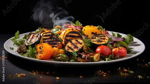  a white plate topped with a salad covered in lots of veggies and a smoke billowing out of it.