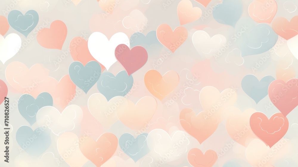  a large group of hearts floating in the air on a pink, blue, and white background with a sky in the background.