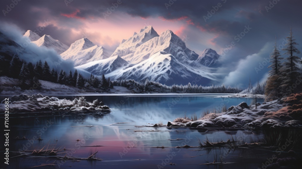  a painting of a snowy mountain range with a lake in the foreground and a forest in the foreground.