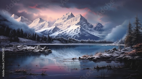  a painting of a snowy mountain range with a lake in the foreground and a forest in the foreground.