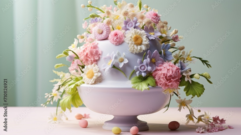 a close up of a cake on a table with flowers in the middle of the cake and candy on the side of the cake. a close up of a cake on a table with flowers in the middle of the cake and candy on the side of the cake.