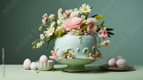  a cake sitting on top of a table next to a plate with an egg and flowers on top of it.