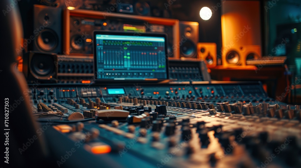Obraz premium Imagine a visually captivating scene in a modern music record studio: the control desk is adorned with a sleek laptop screen, interface of a Digital Audio Workstation, 