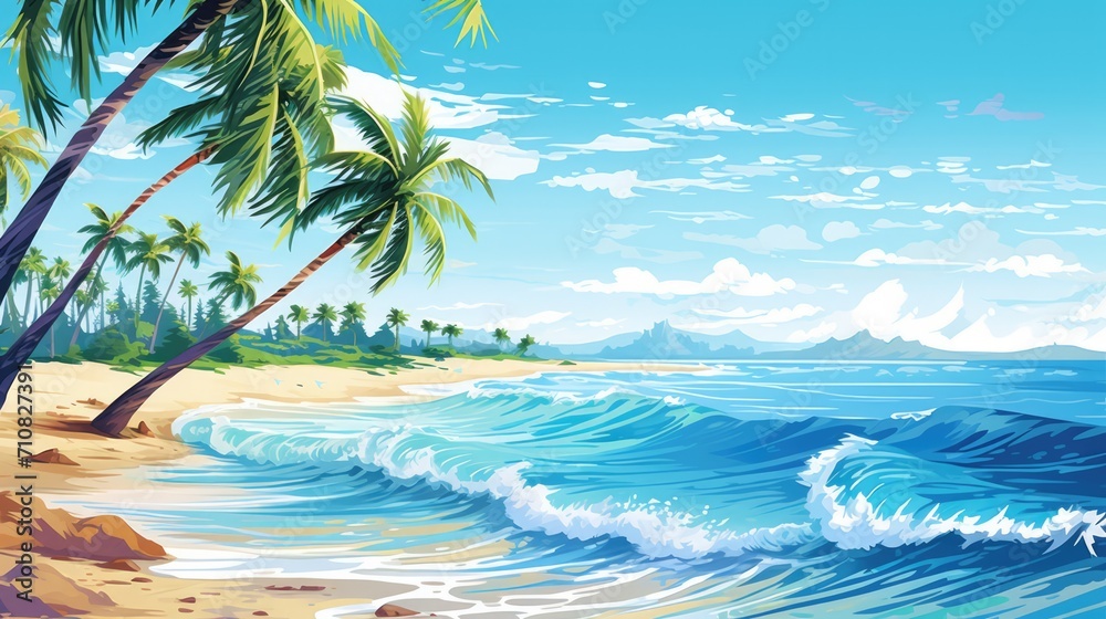 Tropical beach landscape with palm trees and ocean waves. Travel and nature.