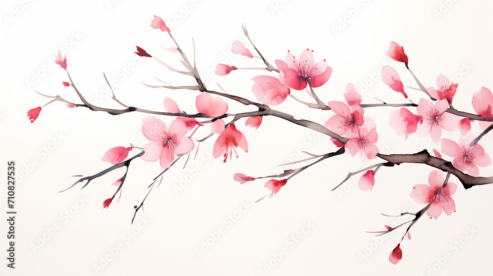 Japanese cherry blossom branch,  minimalist watercolor painting