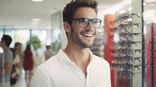 The perfect pair for me. Shot of a young man buying a new pair of glasses at an optometrist store. photo