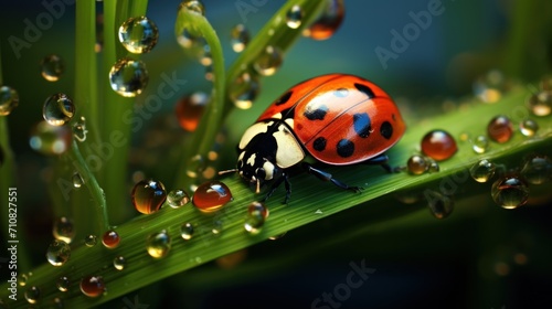  a ladybug sitting on top of a green leaf covered in drops of water on top of a blade of grass.