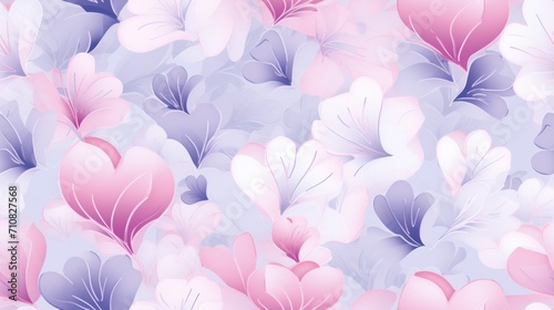  a bunch of pink and purple flowers on a light blue background with a pink heart in the middle of the petals.