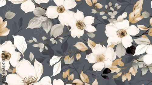  a black and white floral wallpaper with white and gold flowers on a gray background with black and white leaves.