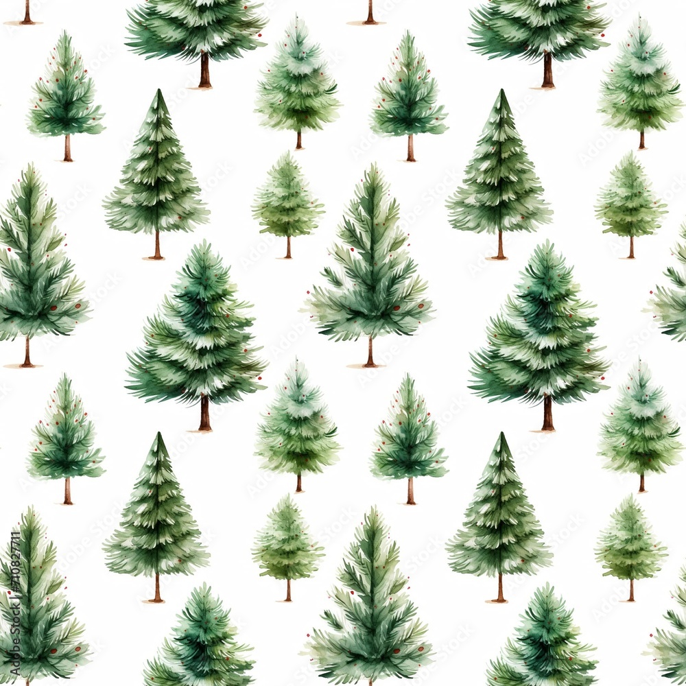 Background of Christmas tree. Christmas tree seamless pattern. Winter watercolor landscape. Watercolor Christmas trees.
