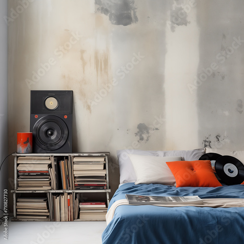 Teenager bedroom interior, with a bed, big speaker, vinyl records and books on the shelf, and a grungy concrete wall. Modern teen room, home decor.