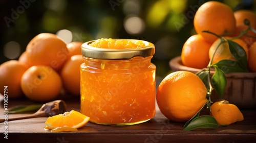  a jar of orange marmalade sitting on a table next to some oranges and a basket of oranges.