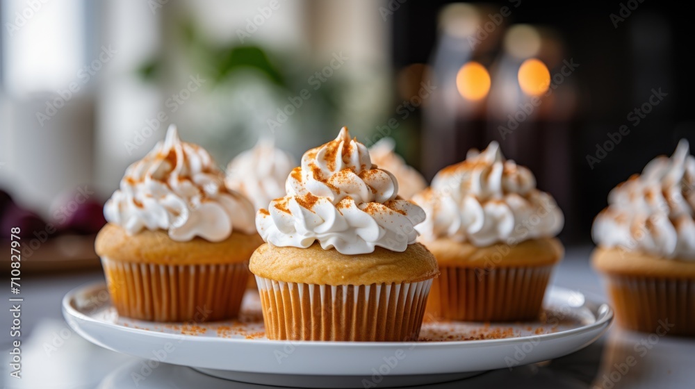  a close up of a plate of cupcakes with whipped cream toppings on top of the cupcakes.
