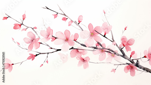 Minimalist japanese ink watercolor sakura branch, pink blossoms