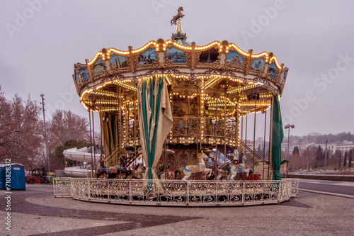  wooden horse of a christmas carousel in Madrid. Spain