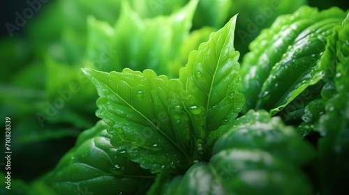  a close up of a green plant with water droplets on it's leaves and leaves are in the foreground.