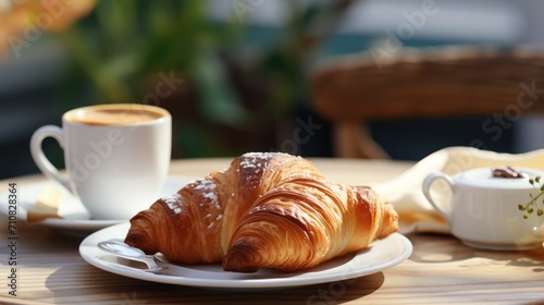  a croissant sits on a plate next to a cup of coffee and a saucer on a table.
