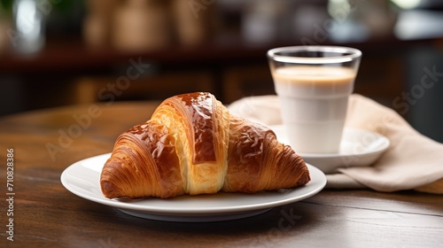  a croissant sitting on a plate next to a cup of coffee on a table with a napkin on it.