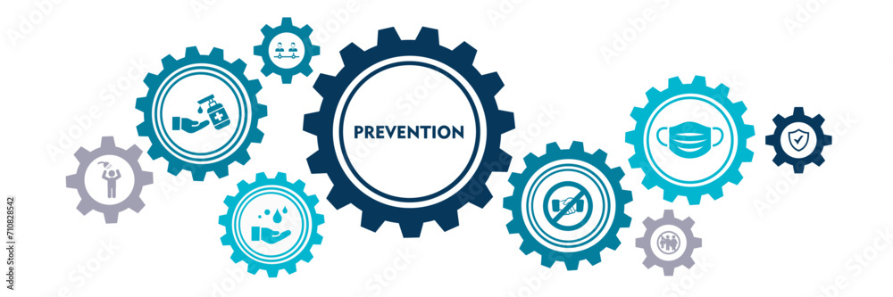 Infection prevention and control banner web icon for virus lockdown, wash hands, avoid touching, wear mask, social distance, use alcohol based and work from home. Minimal vector infographic. 